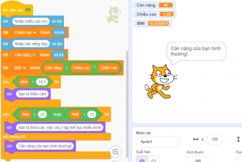 Thực hành: Bảng dưới đây là thang phân loại mức độ gầy, béo dựa vào chỉ số BMI được áp dụng cho người châu Á. Hãy chỉnh sửa chương trình ở Câu 12.7 để xét tất cả các trường hợp của chỉ số BMI theo thang phân loại.