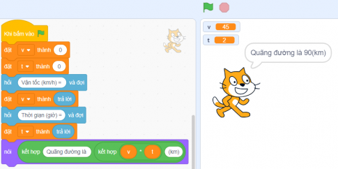 Thực hành: Em hãy tạo chương trình Scratch tính quãng đường đi của một phương tiện dựa trên vận tốc và thời gian theo công thức s = v × t